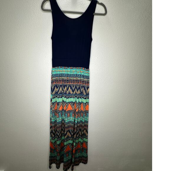Gilli Navy Blue Teal Orange Multi Print Faux Wrap V-Neck Sleeveless Maxi Dress M - Picture 9 of 14